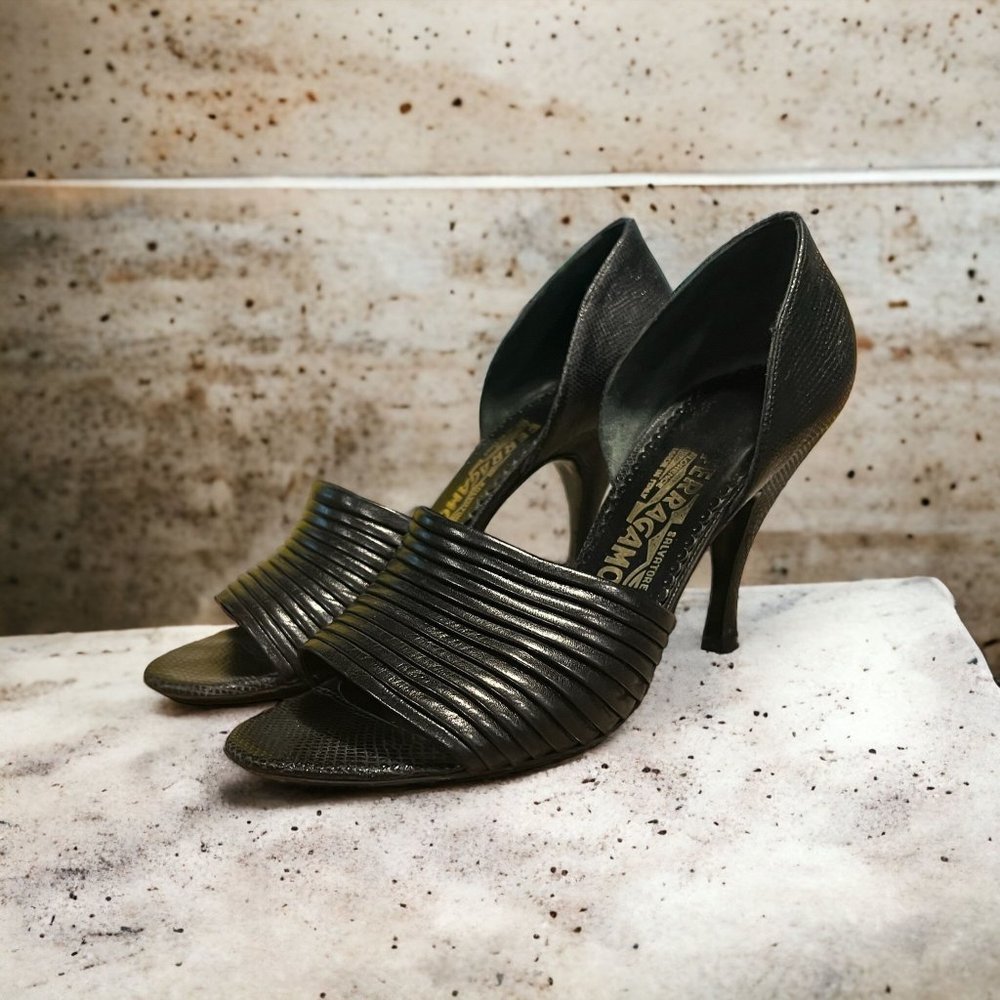 Salvatore Ferragamo D'Orsay Black Heels Pumps Open Toe Reptile Print Leather Sz
